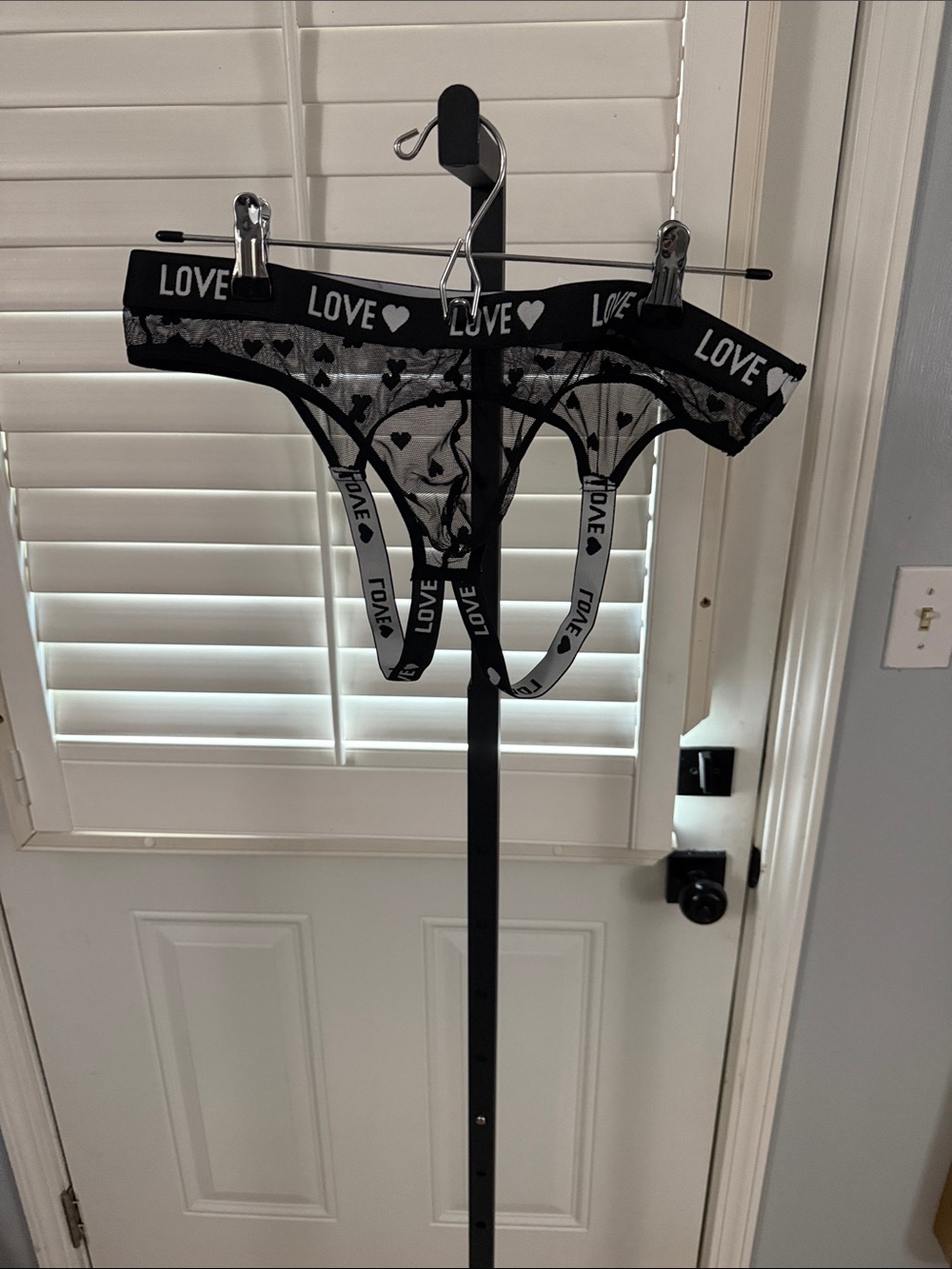 Love Black Sheer Lace Garter Thong with Heart Motif